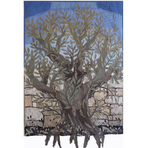 Large Olive tree art quilt, Old olive by old stone wall, Unusual textile wall hanging, Southern nature, Tree and sky, 3D Textured Wall Art