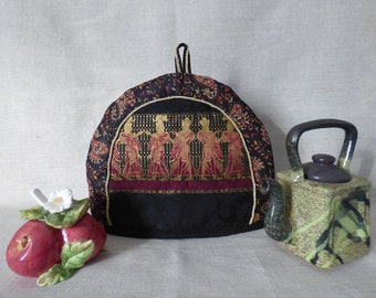 Very warm elegant quilted 12.5" tea cozy for middle-large size teapot, Black gold Ancient Egypt motiv teapot cover, 3D fiber art for kitchen