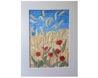 Mini art quilt ready for framing, Poppies on a wheat field Textile wall hanging, yellow light blue lqndscqpe, Summer Ukrainian landscape