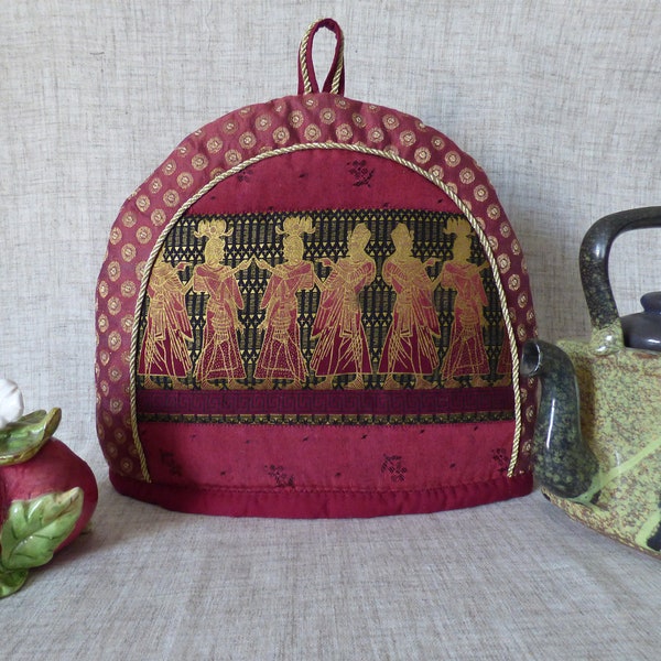 Very warm elegant quilted 12.5" tea cozy for middle-large size teapot, Red & gold Ancient Egypt motiv teapot cover, 3D fiber art for kitchen