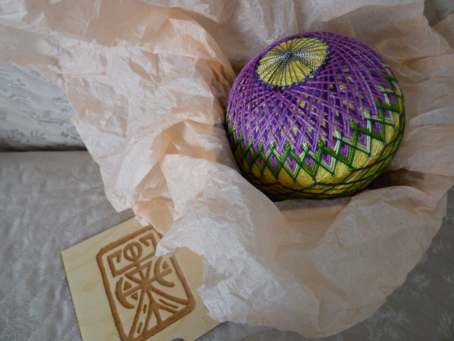 Temari Ball Yellow Purple, Hand Embroidered Prosperity Gift,3d Textile ...