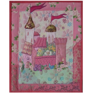Fairy landscape small art quilt, Fantasy pink castle Textile wall hanging, Art gift for girl, Nursery Girl room decor, Mini quilt art