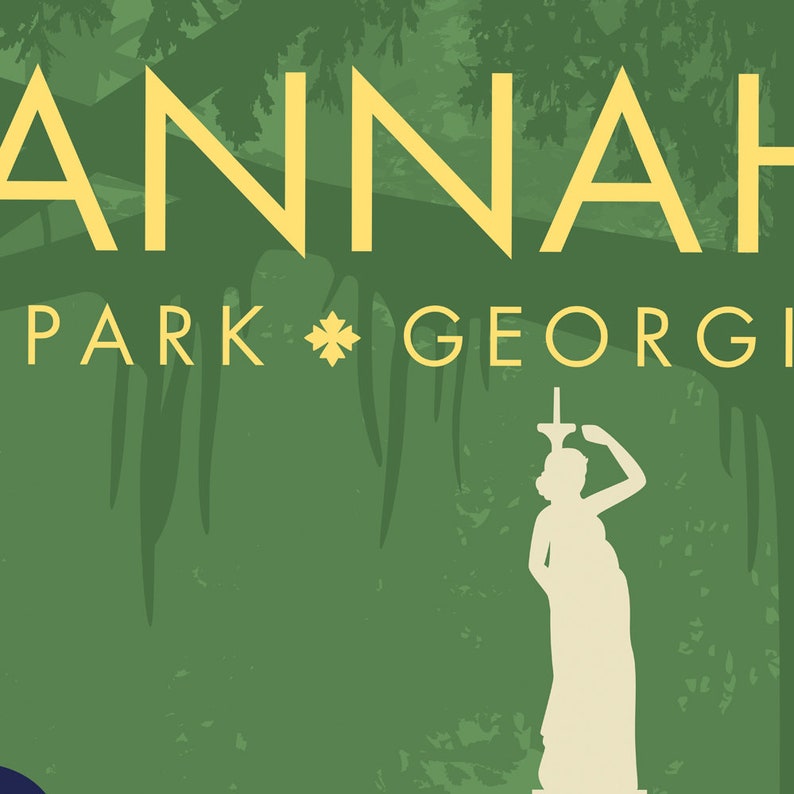 May include: A vintage-style poster with a yellow and white design featuring the text "ANNAH PARK GEORGIA" and a silhouette of a woman holding a lamp. The background is a green color with a textured pattern.