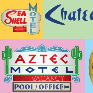 May include: A collage of four motel signs. The top left sign is red and white with the text "Sea Shell Motel" and "Vacancy". The top right sign is blue with the text "Chateau". The bottom left sign is red, white, and blue with the text "Aztec Motel", "No Vacancy", and "Pool/Office". The bottom right sign is gold with a starburst design.