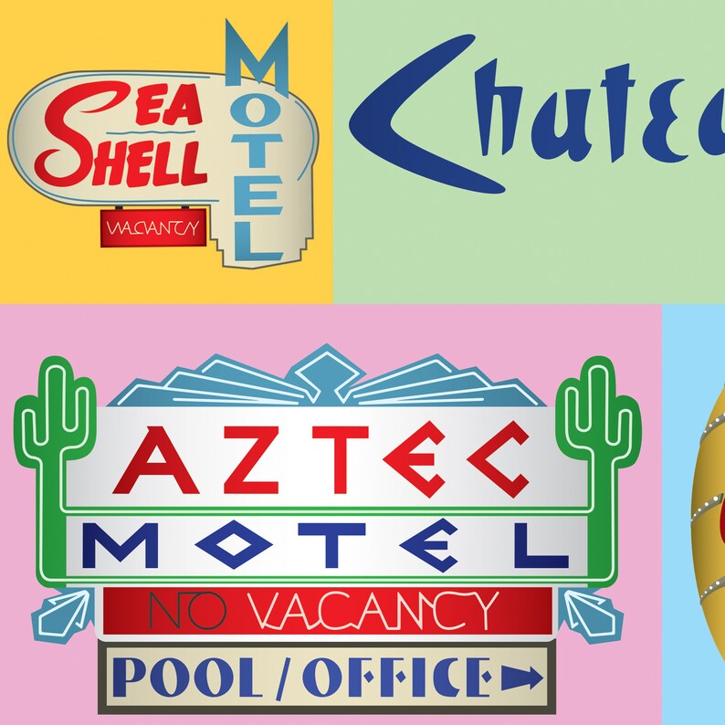 May include: A collage of four motel signs. The top left sign is red and white with the text "Sea Shell Motel" and "Vacancy". The top right sign is blue with the text "Chateau". The bottom left sign is red, white, and blue with the text "Aztec Motel", "No Vacancy", and "Pool/Office". The bottom right sign is gold with a starburst design.
