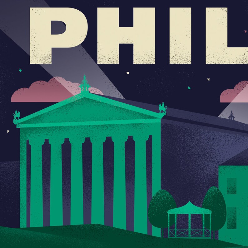 May include: A stylized illustration of a building with columns, a pink cloud, and the word "PHIL" in a vintage font. The illustration is set against a dark blue background with white stars.