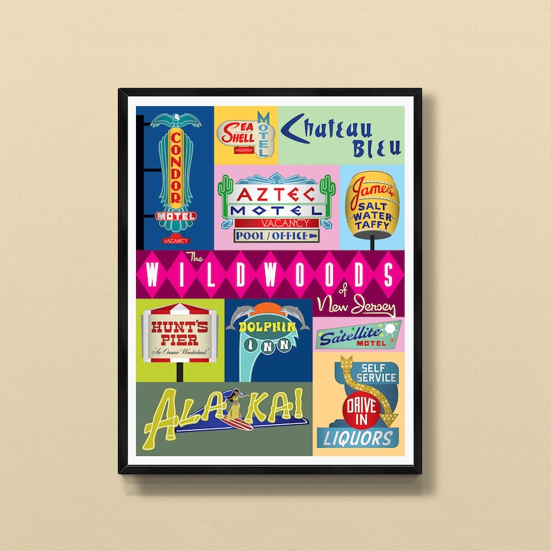 Pode incluir: Uma colagem colorida de sinais de motel vintage de Wildwood, Nova Jersey. Os sinais apresentam cores brilhantes, letras em negrito e designs retr&ocirc;. Alguns dos sinais incluem "Condor Motel", "Aztec Motel", "Chateau Bleu", "James Salt Water Taffy", "Hunt's Pier", "Dolphin Inn", "Satellite Motel" e "Alakai Liquors".
