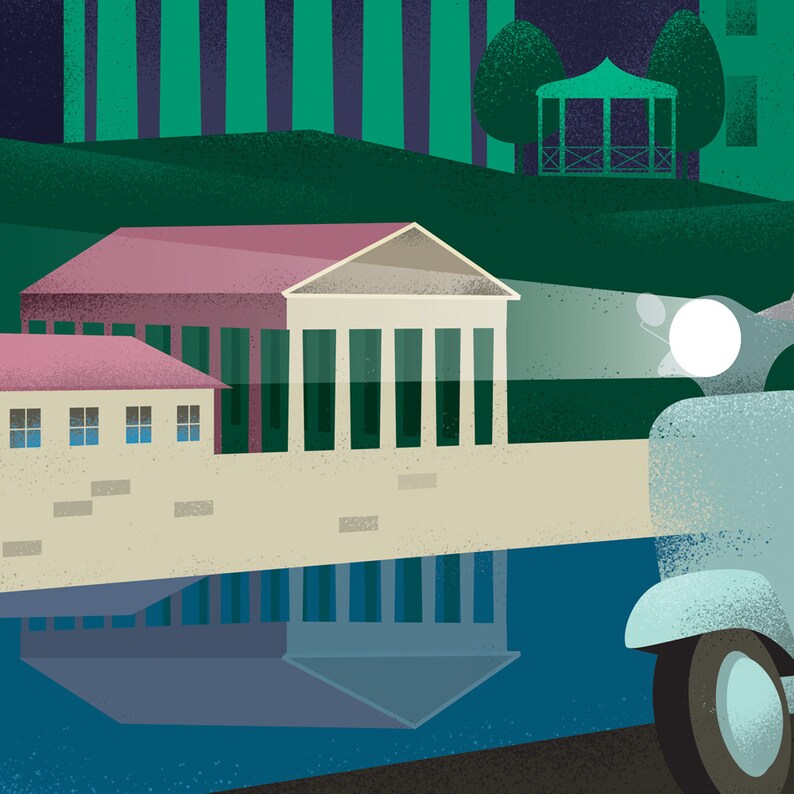 May include: A blue scooter with a white headlight drives past a building with a pink roof and a reflection of the building in the water. The building has a white facade with columns and a green forest behind it.