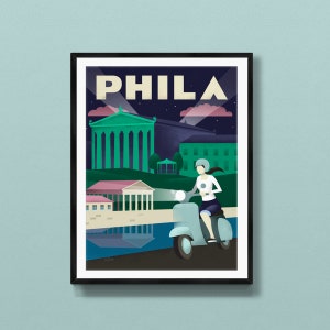 Philadelphia art | Philadelphia poster | Philadelphia print | Philadelphia skyline | Schuylkill | Scooter | Philly souvenir | Kelly Drive