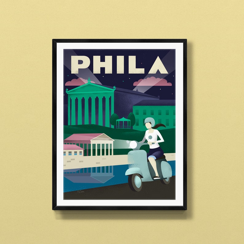 May include: A retro-style poster with the word "PHILA" in bold, white letters against a dark blue background. The poster features a green building with columns, a woman riding a scooter, and a reflection of the scene in the water.