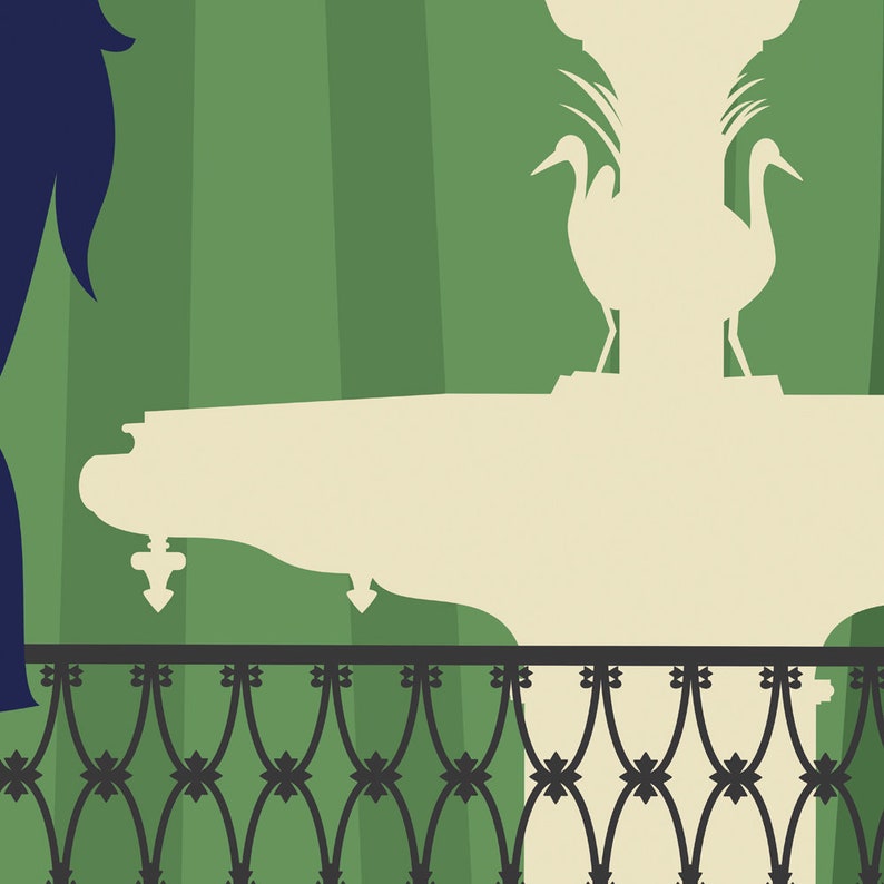 May include: A silhouette of a fountain with two birds on top, seen through a black wrought iron fence. The background is a green striped pattern.