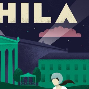 May include: A retro-style illustration of a city at night with the text "HILA" in large, white letters. The illustration features a building with columns, a cloud, and a person wearing a helmet.