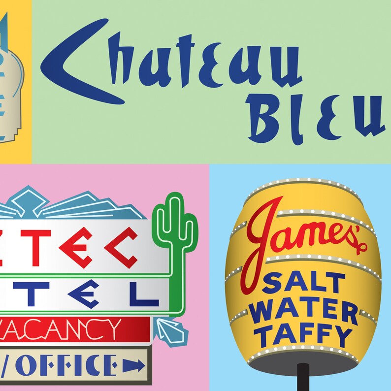 Pode incluir: Uma ilustra&ccedil;&atilde;o de estilo retro de uma placa de motel com o texto "ZTEC TEL VACANCY / OFFICE" em vermelho, branco e azul. A placa est&aacute; sobre um fundo rosa com um cacto verde e um c&eacute;u azul.