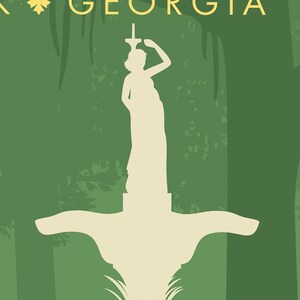 May include: A white silhouette of a fountain statue with a woman holding a torch, set against a green background with the word "GEORGIA" in yellow letters.