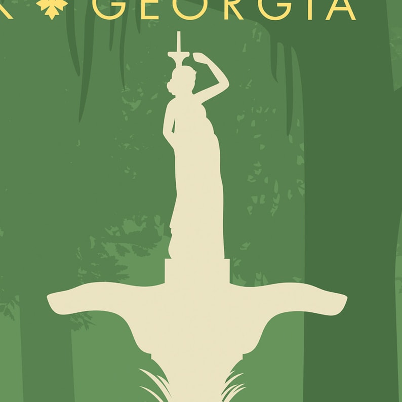 May include: A white silhouette of a fountain statue with a woman holding a torch, set against a green background with the word "GEORGIA" in yellow letters.