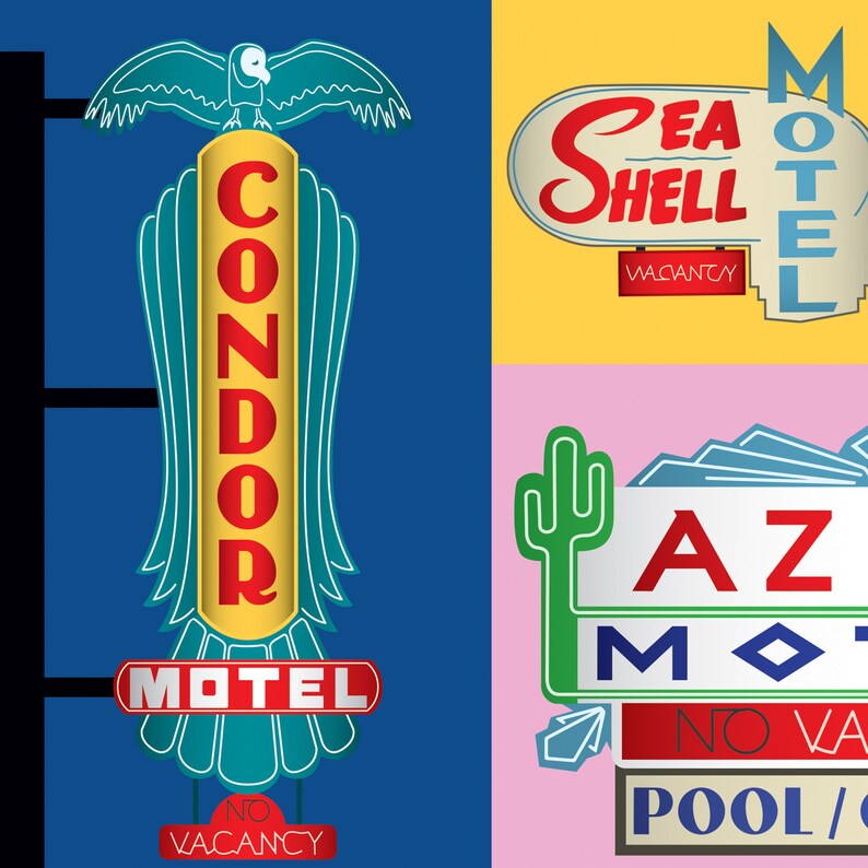 Pode incluir: Quatro letreiros de motel vintage com luzes de n&eacute;on. O letreiro do Condor Motel &eacute; azul e amarelo com um condor estilizado. O letreiro do Sea Shell Motel &eacute; amarelo e vermelho com uma concha estilizada. O letreiro do AZ Motel &eacute; rosa e vermelho com um cacto e um diamante. Todos os letreiros t&ecirc;m letreiros de "No Vacancy".