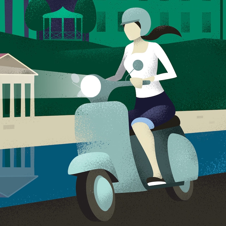 May include: A woman wearing a white helmet and a white shirt rides a light blue scooter with a white headlight. The scooter is on a road with a blue and green background.