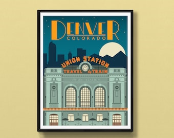 Denver skyline | Denver travel poster | Union Station art | Denver city print | Denver wall decor | Denver gift | Denver souvenir