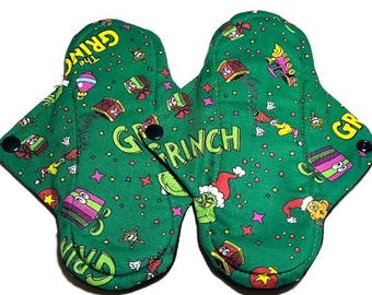The Grinch Cloth Pads Teen size (2), Extra heavy Absorption Cloth Sanitary Pads with Zorb and PUL