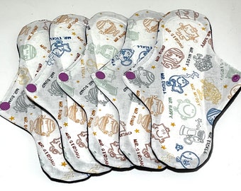 Mr Men Heavy Absorptieonderlegger set van vijf, maandverband zware menstruatie, handgemaakte herbruikbare stoffen onderleggers