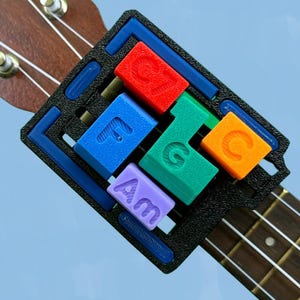 May include: A black ukulele chord chart with colorful buttons labeled 'C', 'G', 'Am', 'F', and 'C'. The chart is attached to the neck of a ukulele.