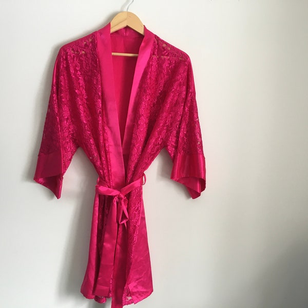 Vtg 90's Silk & Satin Hot Magenta Pink Satin and Lace Wrap Style Robe - One Size