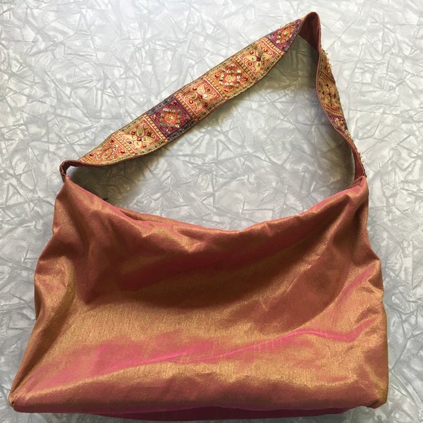 Vtg 90's Faux Shot Silk Taffeta Orange/Red Brocade Decorated Shoulder Strap Purse