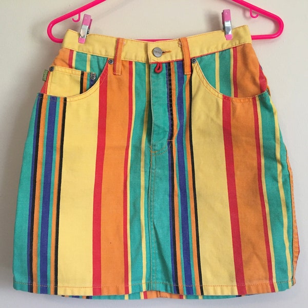 Vtg Esprit de Corp EDC Rainbow Stripe Denim Mini Skirt Street Style - Size 5/6
