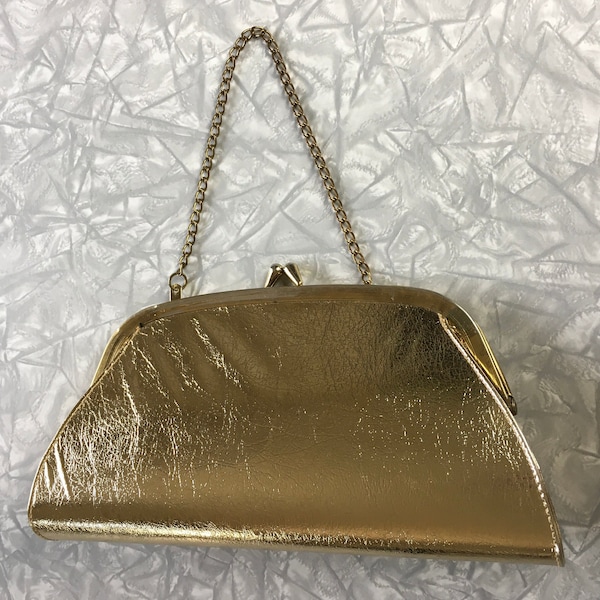 Vtg Gold Metallic w. Metal Chain Formal Evening Bag Purse - Convertible Clutch