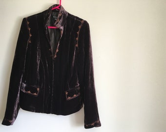 Vtg 90's Le Chateau Plum Brown Crushed Velvet Fitted Blazer Style Jacket - Size Medium