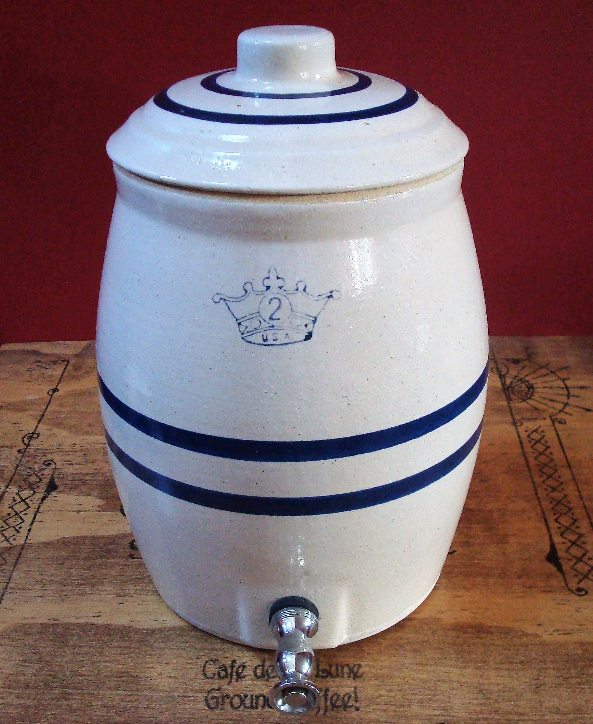 Vintage 2 Gallon Stoneware Blue Band Water Cooler with Lid by Etsy