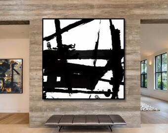 Large Hand Painted Square Black and White Abstract Painting | Etsy