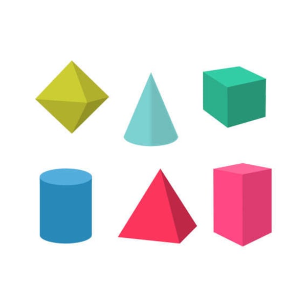 Set of 3D Geometric Shapes Clip Art Set, Cube, Cone, Cuboid, Prism, Cylinder, Illustration