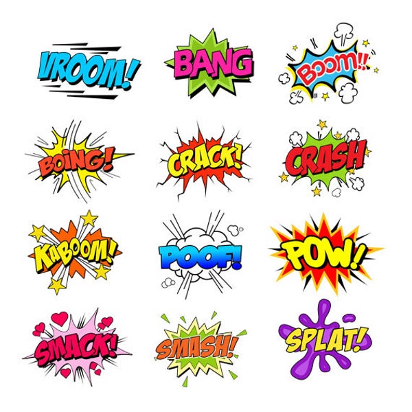 Colorful Comic Noise Clip art Set, Superheros, Comic Book, Bang, Boing, Boom, Crack, Crash, Kaboom, Poof, Pow, Smash, Splat, Smack, Vroom