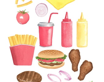 Watercolor Burger Set, Onion, Burger Patty, Fries, Roasted Chicken, Food, Tomato, Scrap booking, Stickers