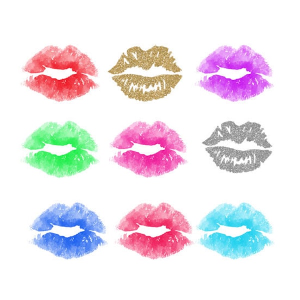 Watercolor Lips Clipart, Pink Red and Gold, Silver, Glitter Lipstick Smear Smudge Clip Art