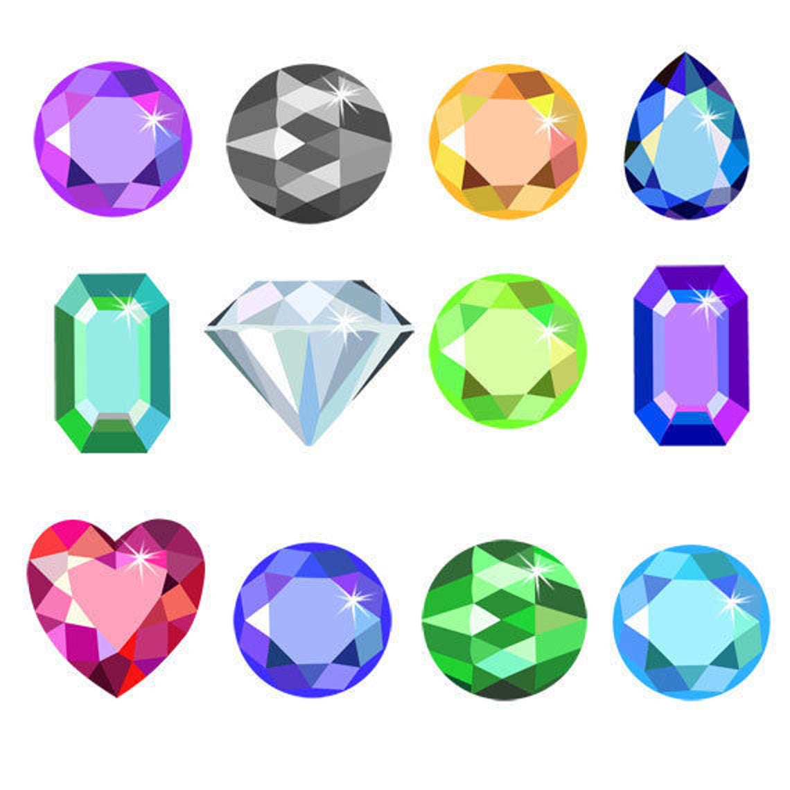 Colorful Gem Stones Clip Art Set, Heart Shaped, Round, Crystal, Oval