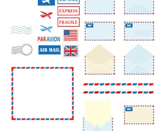 Postal Elements and Air Mail Clip Arts Set, Vintage, Letters, Borders, Frames, Planes, Post Office, Stamps, Mail, Postal Elements, Par Avion