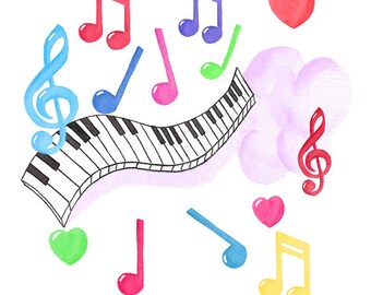 Colorful Watercolor Musical Notes and Piano Keyboard Set, Clip art, Keyboard Instrument, Music, Note, Melody, Sound, Tune