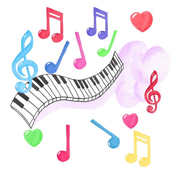 Colorful Watercolor Musical Notes and Piano Keyboard Set, Clip art, Keyboard Instrument, Music, Note, Melody, Sound, Tune