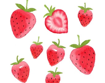 Watercolor Strawberries Clipart Set, Fruit, Food, Summer, Ripe, Juicy, Illustration