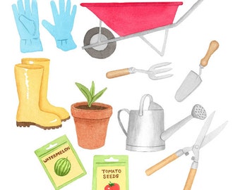 Watercolor Gardening Set, Clip art, Watering Can, Trowel, Gloves, Scrap-booking, Illustration