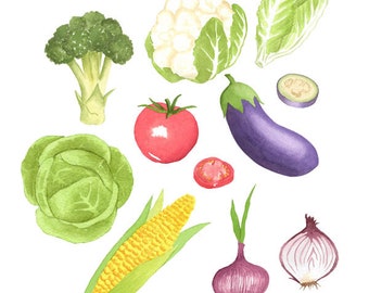 Watercolor Vegetable Set, Clip Arts, Veggies, Healthy, Scrap-booking