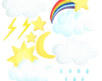 Watercolor Weather Set, Clip Art, Cloud, Rain, Rainbow, Sun, Moon, Stars, Star, Wind, Snow