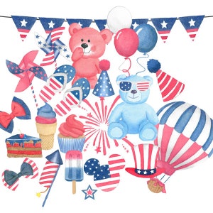 Watercolor 4th of July Mega Pack, Patriotic, Fireworks, Popsicle, Balloons, Independence, Bunting Flag, Flip flops, Party Hat