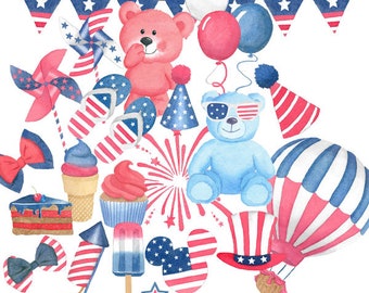 Aquarel 4th of July Mega Pack, Patriotic Fireworks, Popsicle, ballonnen, onafhankelijkheid, Bunting vlag, Flip flops, feest hoed