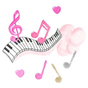 Pink and Glitter Watercolor Musical Notes and Piano Keyboard Set, Design, Clip art, Keyboard Instrument, Music, Note, Melody, Sound, Tune