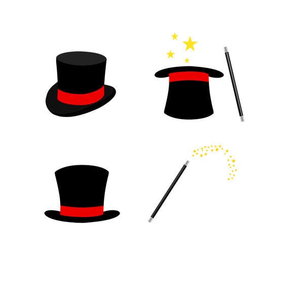 Magic Hat and Wand Clip Art Set, Magician, Trick, Black