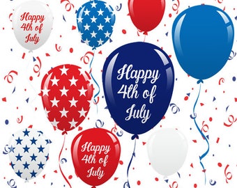 4th of July Balloons Set, Confetti, Patriotic, Independence Day, Culture, Freedom, Holiday, Symbol, Illustration, Cliparts