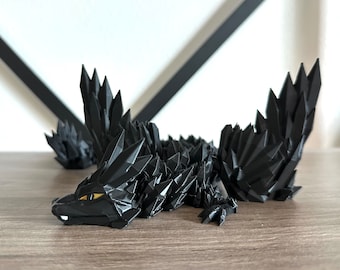 Black Crystal Winged Dragon Large 3D Printed Articulated Dragon Bookshelf Display Gift